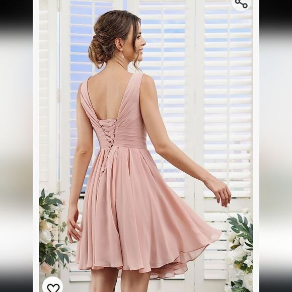 Lavetir White‎ V Neck Cinched Waist Chiffon Flowy Midi Tied Back Dress Size 9 - Picture 4 of 9